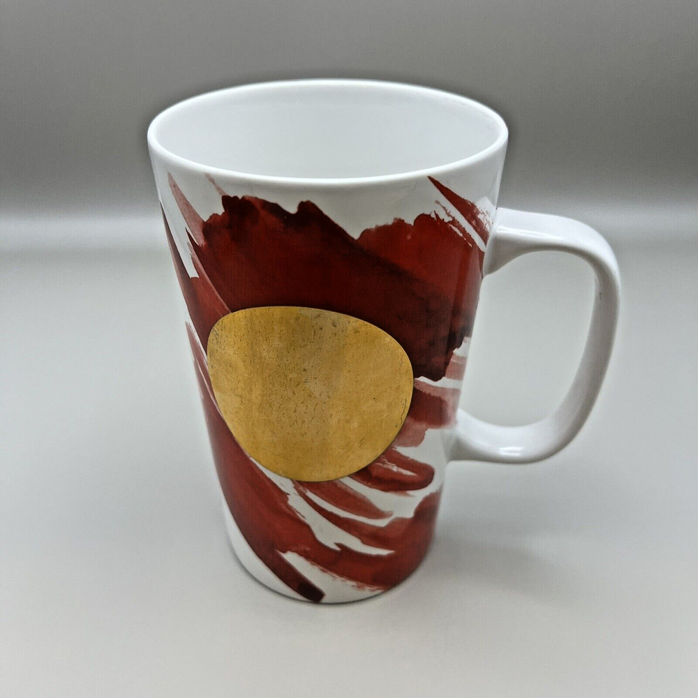 Starbucks 2014 Tall Coffee Mug Tea Cup 16 Oz Red Abstract with Gold Circle